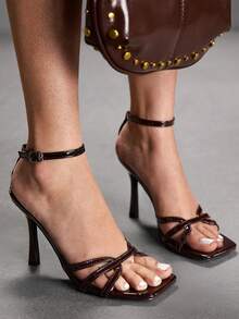 CUCCOO SZL Women's Square Toe Rhinestone Ankle Strap Sandals For Christmas - Coffee Brown - View 1