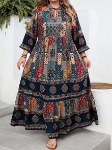 SHEIN CURVE+ Curve Size US22 Navy Blue Boho Traditional Floral Dress Autumn Vacation Al-Adha Bohemia Retro A-Line Women's Business Casual Music Festival Fall - Multicolor - View 5