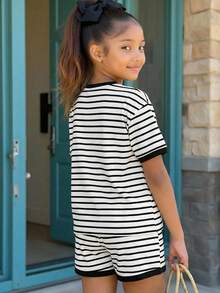 少女黑白条纹宽松两件套，休闲度假时尚百搭，姐妹装，适合公园露营、家庭合影、派对、日常穿着 - 黑與白 - 查看 2