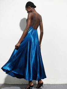 Aveloria Modichic 优雅缎面质感V领无袖收腰喇叭下摆设计通勤百搭蓝色连衣裙，女士 - 藍色 - 查看 2