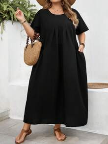 SHEIN CURVE+ Curve 尺码 US22 音乐节、海滨度假、波西米亚风女士纯色长款双口袋休闲沙滩裙 - 黑色 - 查看 5