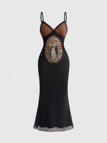 ROMWE PETITE 女士圣母玛利亚印花网纱拼接长裙 - 黑色 - 查看 8