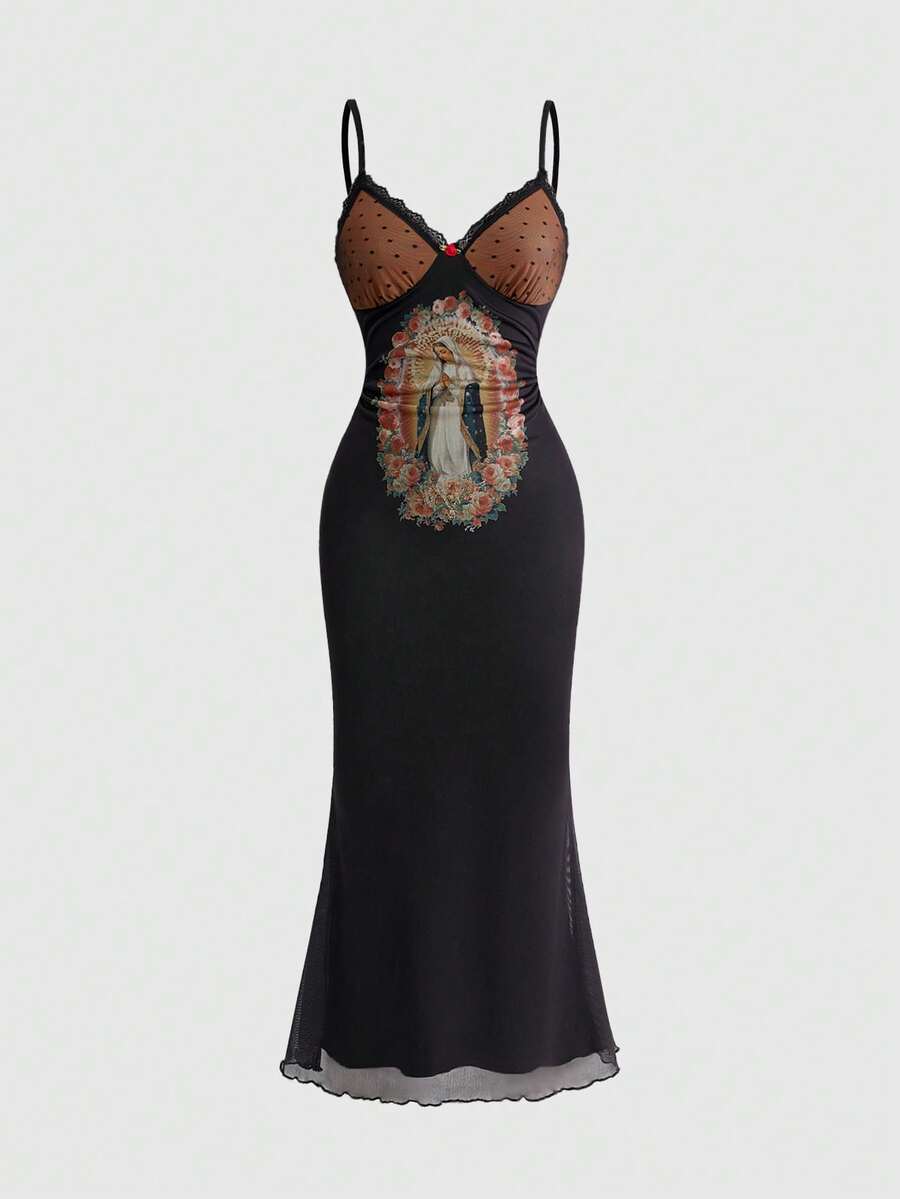 ROMWE PETITE 女士圣母玛利亚印花网纱拼接长裙 - 黑色 - 查看 1