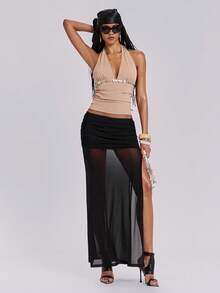 ROMWE Y2K Áo tank top không tay cổ yếm ôm sát người, mặt dây chuyền hình vỏ sò, thích hợp cho kỳ nghỉ xuân/hè của nữ. - Màu Khaki - Xem 8