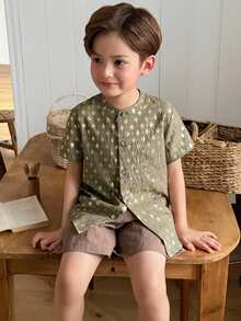 DAZY Young Boy Geometric Pattern Short Sleeve Single-Breasted Casual Shirt - Green - View 5
