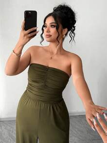 Elenzga Plus Size Women Strapless Pleated Wide Leg Jumpsuit Birthday Outfits For Women Jumpsuit Jumpsuits For Woman Elegant For Party Strapless Jumpsuits Latest Outfit For Women Party Outfits For Women Zoey Outfit Yoga Jumpsuit Zante Holiday Outfit Zoo Outfits Women - Army Green - View 8