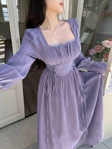 Feyla Đầm nữ thanh lịch, màu trơn, thắt eo chéo, thích hợp đi làm. - Màu tím - Xem 6