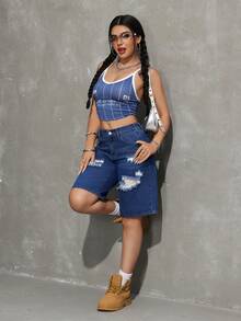 SHEIN PETITE 女士做旧斜插口袋休闲百搭阔腿牛仔短裤 - 深色水洗藍 - 查看 6