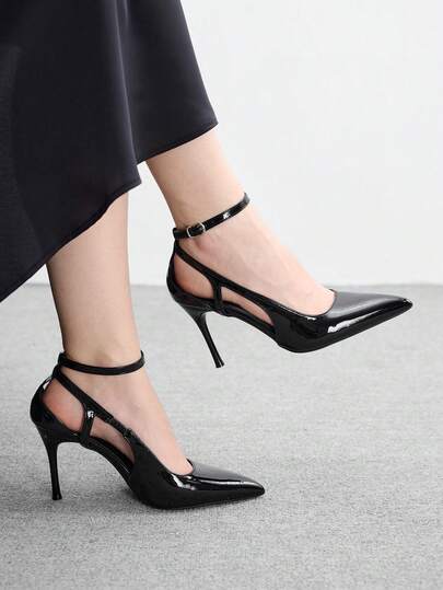 CUCCOO BIZCHIC Black Patent Leather Pointed Toe Hollow Out Stiletto Heel Elegant Pumps For Women