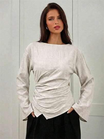 Aloruh Women's Elegant Solid Color Pleated Boat Neck Long Sleeve Blouse,Women Office Blouse,Women Elegant Blouse,Spring Outfit Women,Spring Top, Going Out Tops For Women, Casual Outfit For Women