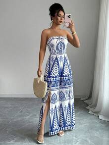 Bộ jumpsuit nữ thanh lịch phong cách Bohemian in họa tiết, cổ yếm, hở lưng, cạp cao, ống rộng, thích hợp cho kỳ nghỉ biển mùa xuân/hè. - Xanh và trắng - Xem 8