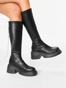 Glitzique 新款厚底粗腿高筒靴，带松紧带，不掉落靴口，秋冬款，女靴 - 黑色 - 查看 3