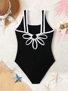 SHEIN Áo tắm liền thân hai dây phối màu tương phản thời trang dành cho bé gái tuổi teen - Đen và trắng - Xem 6