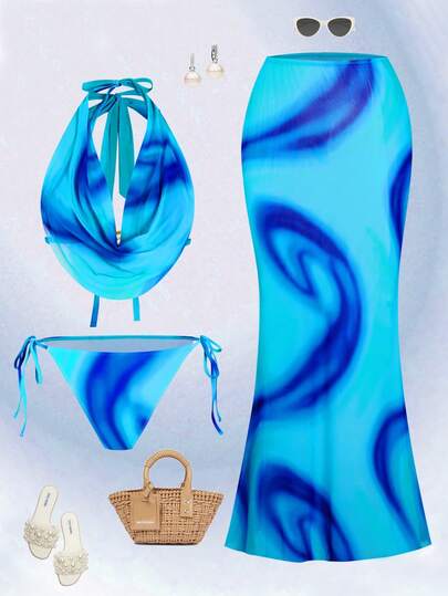 Swim Oasis 3pcs Plus Size Women Ombre Blue Printed Tankini Swimsuit Set With Flowy Beach Cover Up Dress, Suitable For Beach Holiday