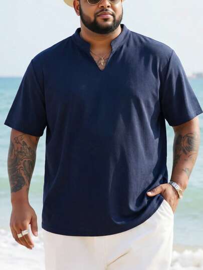 ResortEase 男士大码素色缺口領T恤