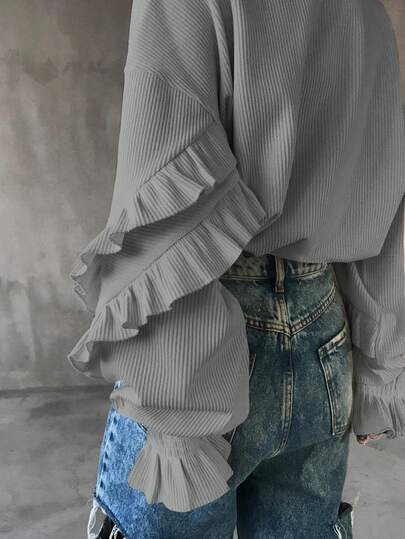 FRIFUL T-shirt casual ample et polyvalent pour femmes, en tissu côtelé de grammage élevé, col rond, épaules tombantes, manches longues, poignets texturés, garniture de volant froncé