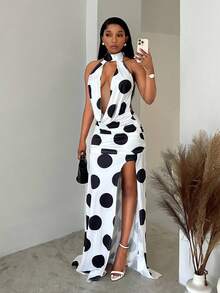 BamGleam Summer New Energetic Vacation Sexy Plunging Neck Backless High Slit Polka Dot Print Asymmetrical Dress For Women - Black and White - View 1