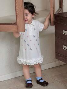 DAZY Baby Girl Turndown Collar Cartoon Embroidery Korean Style Ruffle Trim Short Sleeve Dress - White - View 4