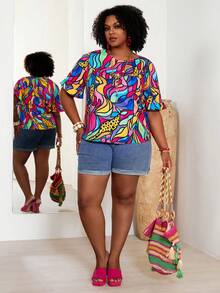 EMERY ROSE Plus Size Women's Blue Summer Boho Vacation All-Over Colorful Abstract Animal Print Round Neck Ruffle Short Sleeve Casual Pullover Blouse Shirt Tops - Multicolor - View 3