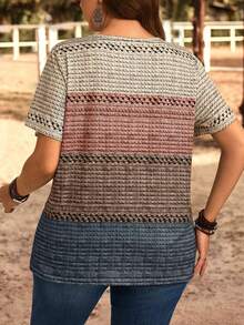 EMERY ROSE 大码女式撞色圆领休闲宽松T恤 - 卡其色 - 查看 2