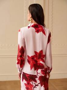 ZEYLAH Camisa básica elegante com estampa, modelagem ajustada, para primavera/verão. - Rosa - Ver 4