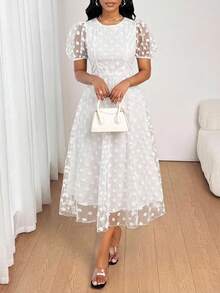 SHEIN Lady 女士波点网纱圆领花瓣袖优雅中长连衣裙 - 白色 - 查看 4
