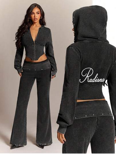 Radiana Women's Vintage American Street Style Black & Gray Metal Rivet Decor Washed Sweatshirt, Slim Fit Drawstring Waist Hooded Sweatshirt, Casual Top, Stretchy Fleece Fabric Accentuates Curves, Suitable For Casual, Sports, Home Or Outdoor Wear