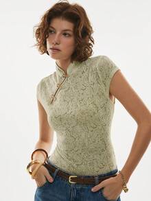 Poéselle Women's Mandarin Collar Raglan Sleeve Fitted Summer Elegant T-Shirt - Olive Green - View 3