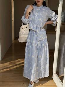 DAZY Women's Casual Striped Embroidered Floral Stand Collar Shirt And A-Line Skirt 2-Piece Set, Spring/Summer - Blue - View 1