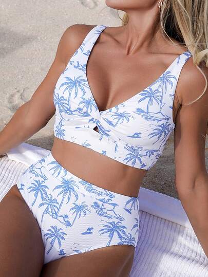 Swim Vcay 2026 Women's Spring/Summer Beach Vacation Bohemian Tropical Coconut Tree Print Vest Tankini Top & Comfortable High Waist Briefs, Suitable For Outings, Beach, Afternoon Tea, Picnic, Party, Daily Wear, And Leisure