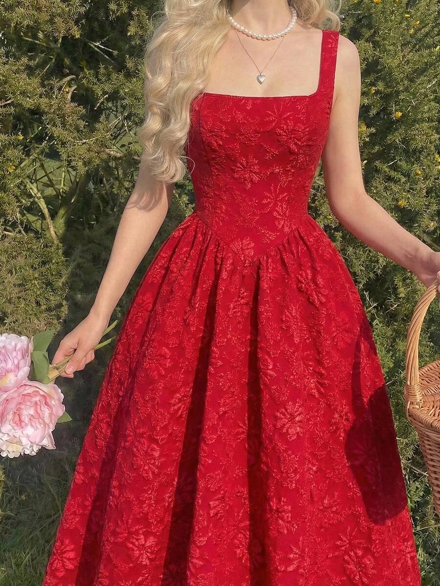 SHEIN MOD 红色复古宫廷风提花女式连衣裙 夏季女装 新娘伴娘礼服 返校季服装 - 紅色 - 查看 1