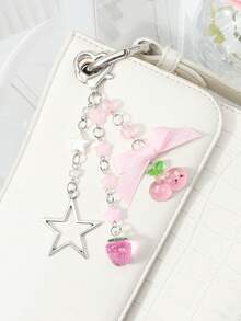 ROMWE Kawaii 1 nouveau porte-clés pendentif de sac mignon et polyvalent avec étoile en résine rose, fraise scintillante, perle ronde à pois, nœud et cerise de dessin animé. Convient pour les filles et les femmes pour un usage quotidien et comme cadeau de vacances - Rose-22 - Voir 6