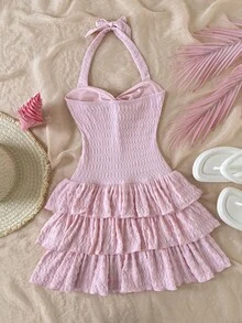 SHEIN Tween Girl Vacation Mini Dress With Elastic Ruched Bust, Tie Neck, Bowknot, And Tiered Ruched, Can Wear Inner Or Outer,Summer Dresses ,Solid White Dress - Pink - View 2