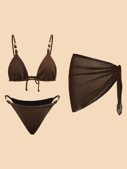 Travachic Women's Summer Beach Solid Color Sexy Bikini Set With Coverup & Skirt, Random Mixed Color Beaded Accessories,Beach,Beach Outfits For Women,Beach Set,Going Out,Vacation,Vacation Outfits Women,Holiday,Summer,Summer Clothes,Summer Outfits For Women,Valentine's Day,Carnival,Carnival Costume,Party ,Going Out,Going Out Outfits,Casual,Elegant,Y2k,Flower