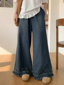 FRIFUL Women's Casual Floral Embroidered Wide Leg Jeans - Blue - View 5