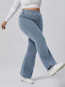Flexra Plus Size Casual Washed High Waist Flare Jeans - Blue - View 3