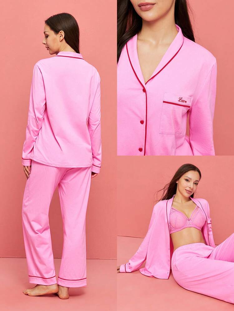 Conjunto de pijama de algodón 100% puro suave con pantalón y top con botones y ribete de contraste en color rosa. Conjunto de ropa de estar en casa con bolsillos para mujer, regalo para el Día de San Valentín, artículos de boda, pijamas de algodón