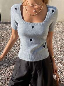 DAZY Women's Square Neck Short Sleeve Heart Embroidery Casual Elegant Knit Sweater - Grey - View 6