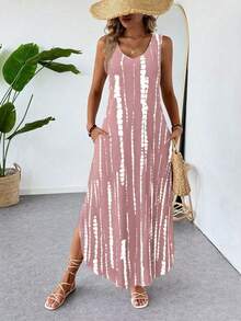 SHEIN LUNE V-Neck Asymmetric Hem Side Slit Sleeveless Dress With Pockets, Geometric Print, Casual Vacation Elegant Dress For Women - Pink - View 3