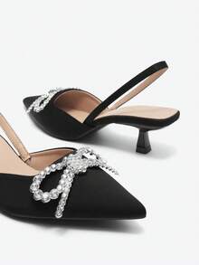 Eladyva Sapatos de salto alto femininos plus size para outono/inverno, com laço decorativo, bico fechado, elegantes, estilo mule, para festas. - Preto - Ver 5