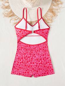 Swim SPRTY 女士夏季沙滩度假随机印花吊带露背短裤连体泳衣，后背搭扣设计，显瘦效果 - 彩色 - 查看 8