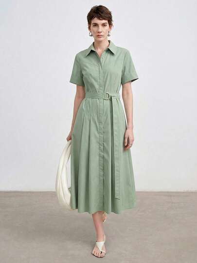 Aalyst Women's Solid Color Shirt Collar Hidden Placket Button Waist Tie With Metal D-Ring Decoration A-Line Pleated Short Sleeve Cuff Fold Khaki Long Shirt Dress, Elegant French Retro Formal Office Commute Business Casual Holiday Afternoon Tea Street Style Simple Versatile Vintage Australian Leisure Gathering Spring/Summer New