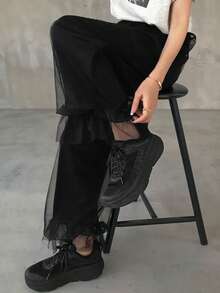 FRIFUL Women's Solid Color Elastic Waist Mesh Patchwork Loose Pants - Black - View 2
