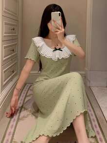 DAZY Polka Dot All-Over Print Ruffle Collar Short Sleeve Maxi Nightgown Dress, Women Summer Loungewear - Green - View 1