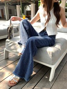 DAZY 女士纹理宽松喇叭韩版休闲牛仔裤 - 藍色 - 查看 4
