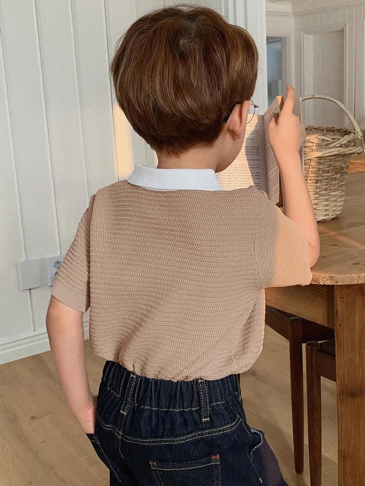 Young Boy Colorblock Polo Collar Short Sleeve Casual Sweater