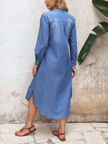 EMERY ROSE Women's V-Neck Button Half Placket Roll-Up Sleeve Casual Denim Dress - Blue - View 2