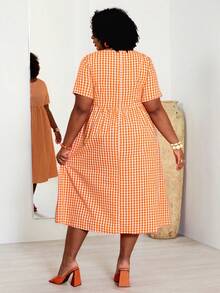 BrightlyHer 大码女装夏季黄色格子圆领短袖宽松长款可爱娃娃裙带口袋 - 橘色 - 查看 2