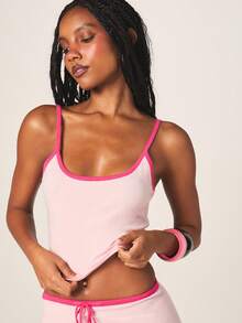 MISSGUIDED 女士两件套圆领露脐背心搭配高腰迷你紧身裙，罗纹面料，粉色撞色滚边，夏季休闲套装，弹力修身 - 粉色 - 查看 4