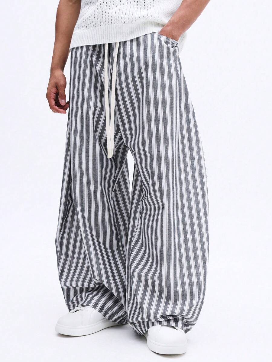 SUMWON 男士条纹印花套头抽绳阔腿裤，宽松舒适，夏季休闲直筒裤脚腰带 - 黑與白 - 查看 1